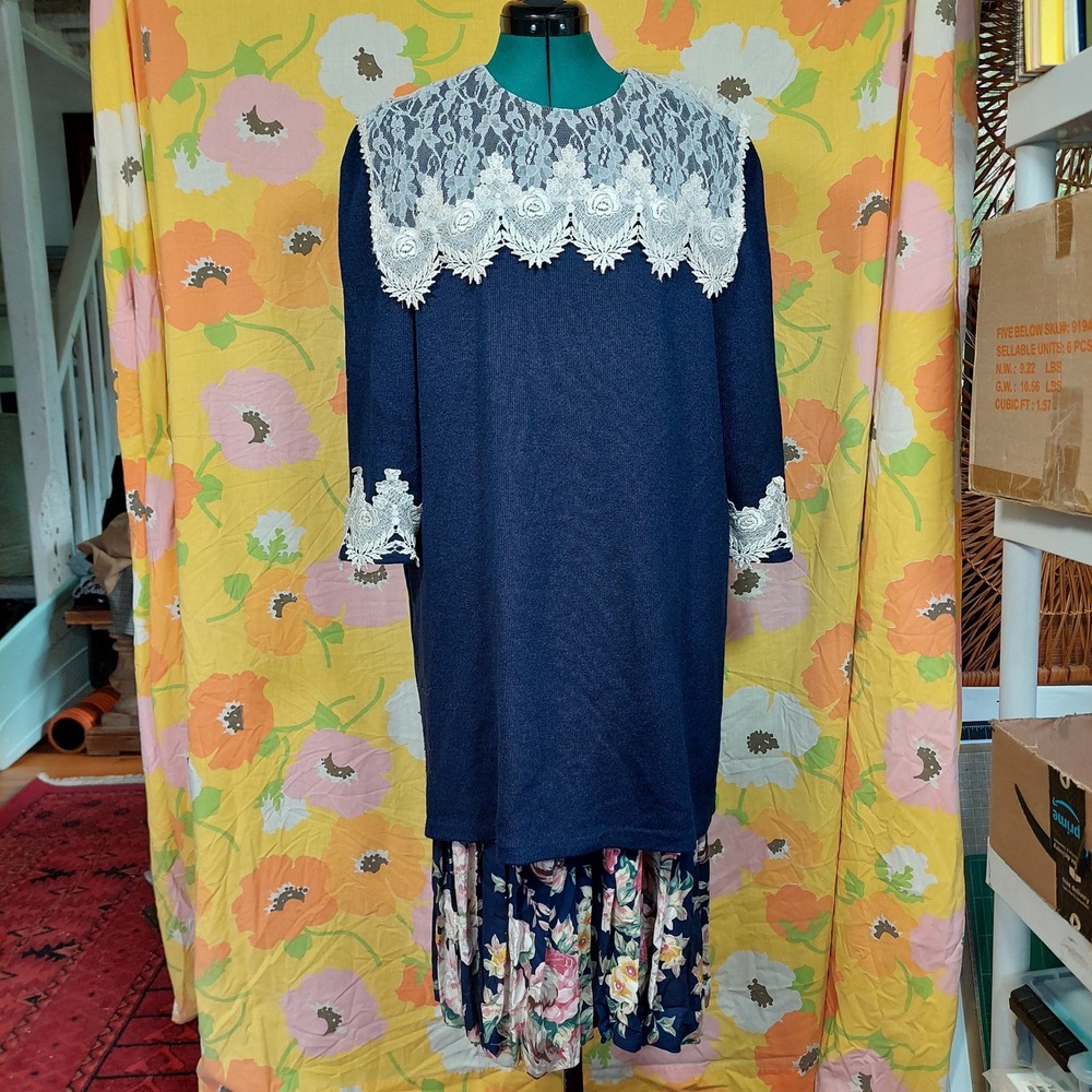 Jeffrey & Dara Vintage Navy Knit Lace Collar Dress Floral Drop Waist Set Size 18
